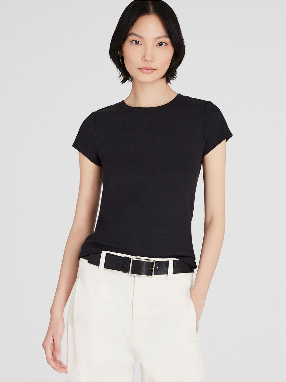 Club Monaco Women’s Black Ribbed Bowee Tee, Size Medium